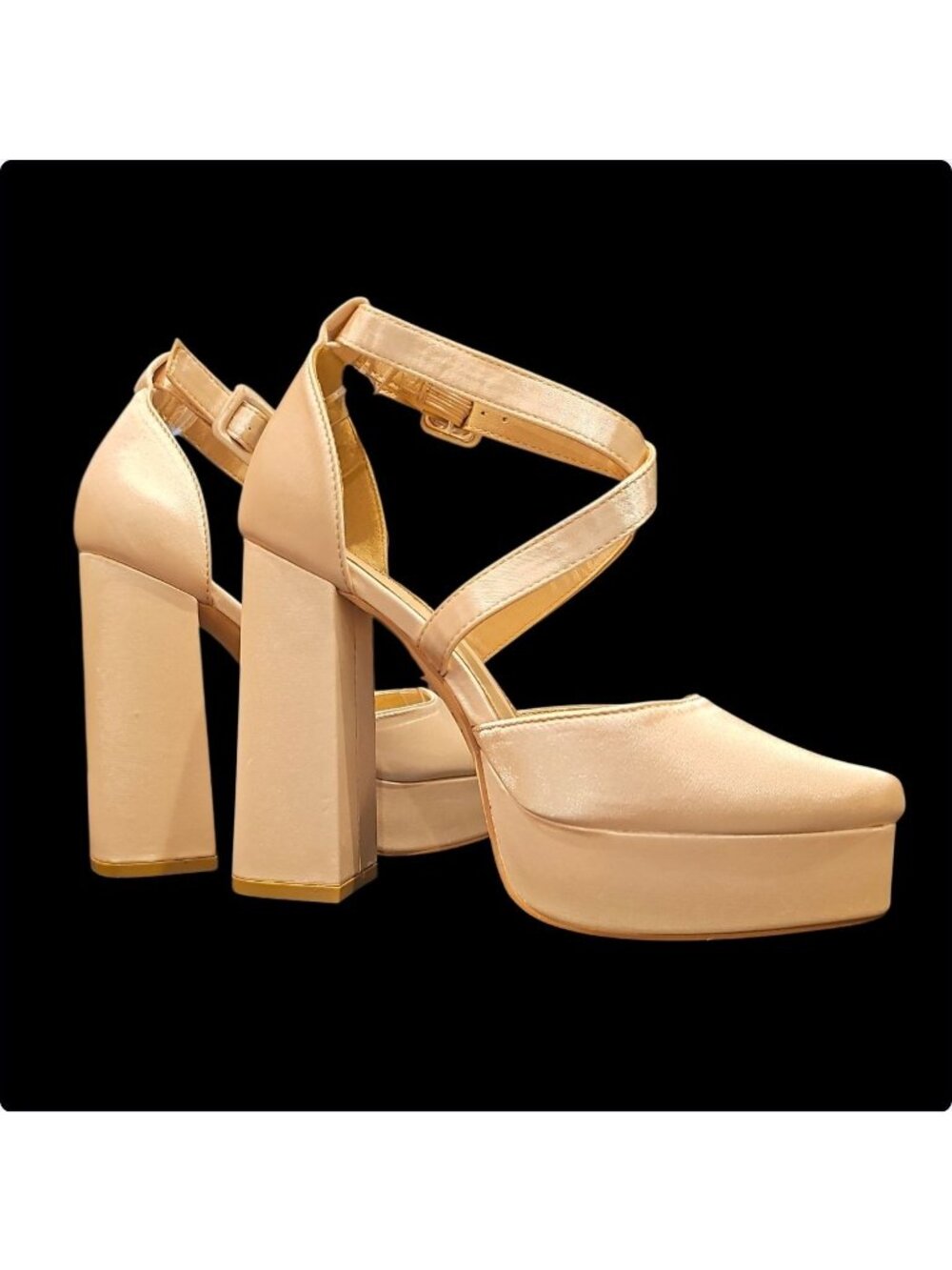 Block Heel Satin Platform Shoes With Cross-Strap Design Elegant Champagne Evenin - Picture 10 of 14